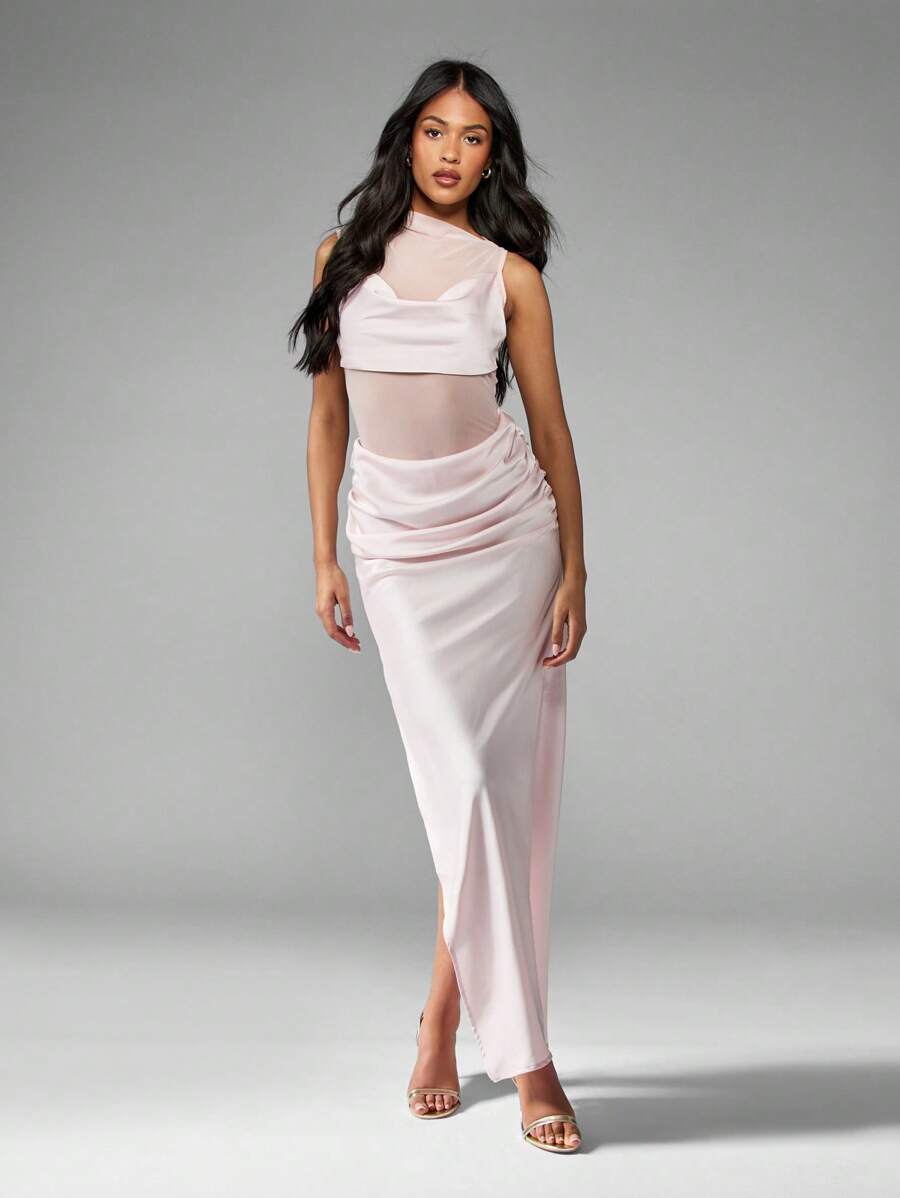 MISSGUIDED Elegant Mesh Panel Ruched Maxi Dress Evening Gown Draped Side Slit Wedding Guest Special Occasion Sleeveless Floor Length Formal Gown - Baby Pink - View 1