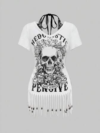 Grunge Punk T-shirt rétro à deux en un avec imprimé crâne gothique, style Y2K goth. Avec une frange