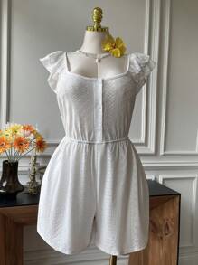SHEIN EZwear Große Größen Weiß Hohlmuster Jacquard Puffkragen Rüschensaum Lässig Jumpsuit, Frühlings- & Sommer-Urlaubsstil - Weiss - Übersicht 3