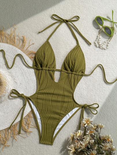 Soleia Traje de baño de una pieza con cuello en V, espalda descubierta y estampado de jacquard en color verde oliva para mujeres