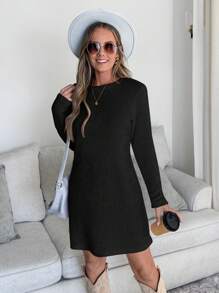 SHEIN LUNE 女士休闲纯色长袖基本款迷你连衣裙，适合日常穿着，秋冬季 - 黑色 - 查看 7