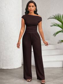 SHEIN Lady 白色弹力纹理不对称领上衣和阔腿裤配松紧腰带裤子女两件套休闲日常优雅四季皆宜