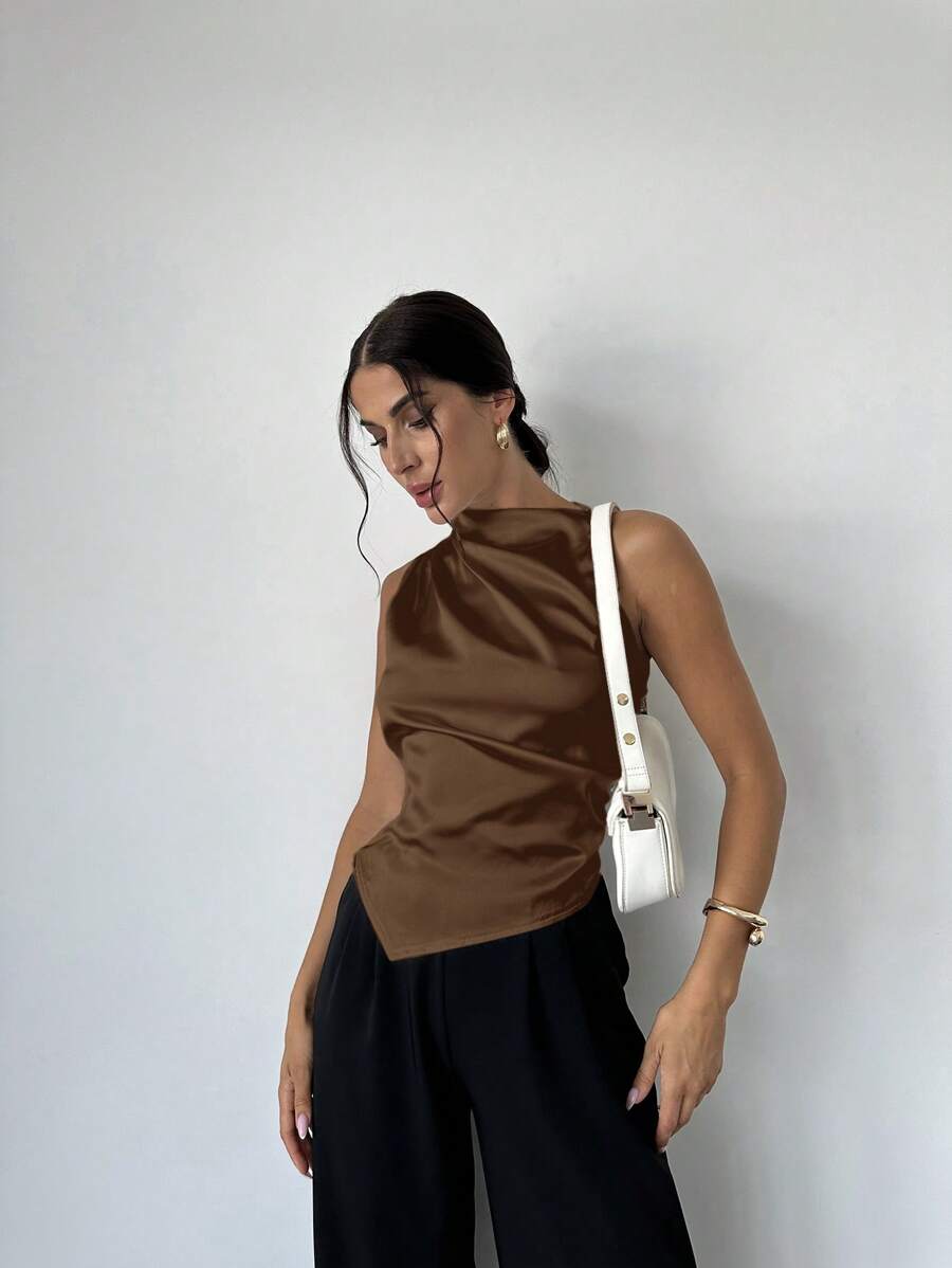 Firerie 女士简约优雅时尚商务办公室棕色无袖褶皱领尖下摆缎面衬衫