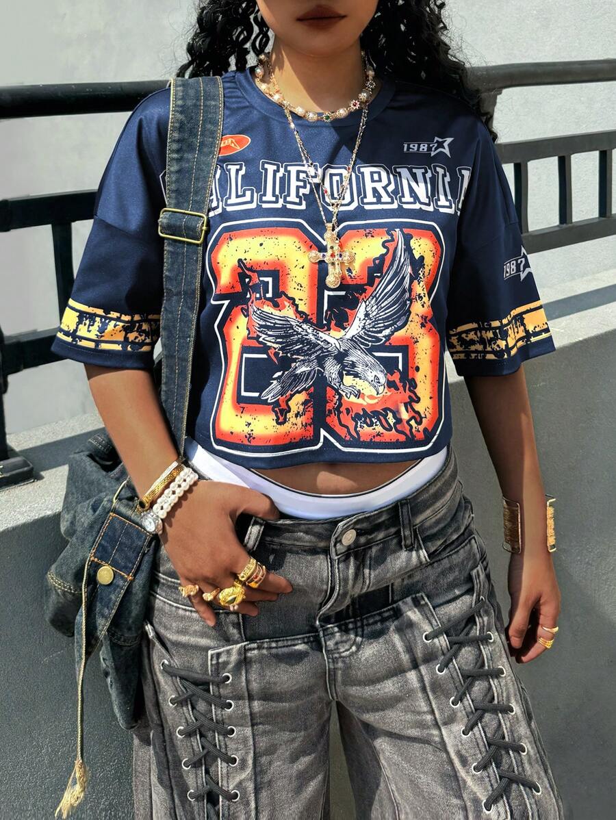 INAWLY 女士休闲宽松圆领落肩老鹰字母印花T恤，夏季 - 彩色 - 查看 1