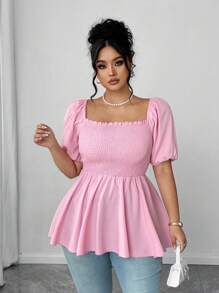 Elenzga Áo cánh nhún bèo thời trang cỡ lớn cho nữ, cổ vuông, dễ thương và đa năng, áo bó thường ngày - trắng - Xem 4