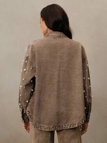 Anewsta Women's Elegant Fashionable Denim Shirt With Pearl And Rhinestone Design, Suitable For Spring, Valentine's Day, Parties, Elegant, Holiday, Vacation