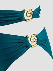 Swim Oasis Plus Size 2pcs Women's Elegant Metal Decor Swimsuit & Beach Cover Up Maxi Skirt Set, Suitable For Spring/Summer Beach - Teal Blue - View 3