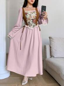 Modelyn 女式方领碎花蕾丝拼接长裙，夏季纹理面料拼色设计 - 粉色 - 查看 3