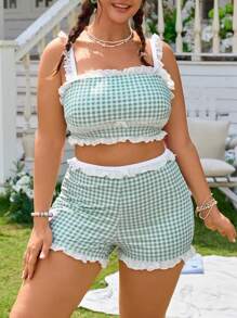 Swim Mod 2pcs/Set Plus Size Women's Green Plaid & Random Floral Print Bow Collar Ruffle Hem Top And Shorts Set, Cute Simple Style Camisole Bikini For Summer Beach Vacation