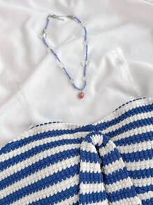 SHEIN Teen Girls Vacation Striped Knit Blue White Knitted Crinkled Fabric Tube Top Halter Neck Bow Jumpsuit, & Suitable For Party, Valentine's Day, Wear As Innerwear Or Outerwear - Blue and White - View 3