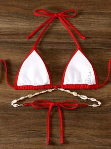 Swim Basics Women's Solid Color Chain Decor Halter Bikini Top - Red - View 3