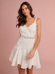 Enchnt Spring/Summer Romantic Women's White Exquisite 3D Flower Embroidered Waist Hollow Out Lace V-Neck Sleeveless Backless Cute Princess Mini Dress,Sweet&Elegant For Vacation&Date&Holiday&Party&Graduation&Wedding Guest&Beach,Prom Dress,Summer Dresses For Women,Sun Dresses For Women,Summer Clothes,Vestidos Elegantes De Mujer,Vestidos Elegantes Para Fiesta