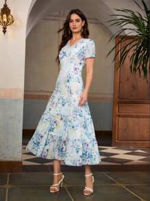 ZEYLAH 女士时尚亚麻印花连衣裙，适合夏季 - 藍色 - 查看 5