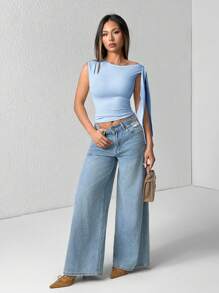 SHEIN PETITE Women Solid Color Cropped Tie Strap Asymmetrical Shoulder Top ,Petite Women - Baby Blue - View 6
