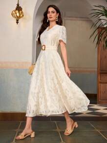 ZEYLAH Vestido largo elegante con escote en V, mangas cortas y cintura ceñida con cortes