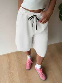 SHEIN EZwear 白色针织阔腿百慕大短裤，运动风，夏季 - 白色 - 查看 5