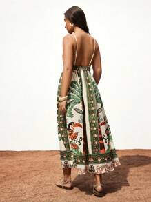 Maija Große Größen Damen Urlaubskleid mit Pflanzen Muster, sexy tiefer V-Ausschnitt mit Spaghettiträgern