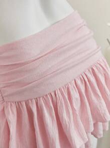 Elamini 米色褶皱高腰分层雪纺迷你裙，欧洲度假风格 - 粉色 - 查看 6