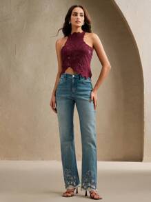 Anewsta 性感优雅不对称下摆钩针吊带背心，情人节适用，女士沙滩度假装，夏季，春季，海滩，度假装 - 酒紅色 - 查看 7