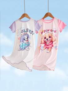 2pcs Young Girl Puppy Print Soft Comfortable Long Nightgown With Purple Sleeves - Multicolor - View 3