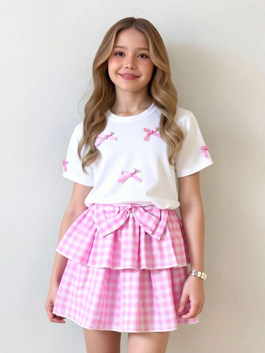 Elladie kids 青春期前女孩的白色衬衫，带有蝴蝶结装饰，搭配双层裙子，适合日常穿着或度假