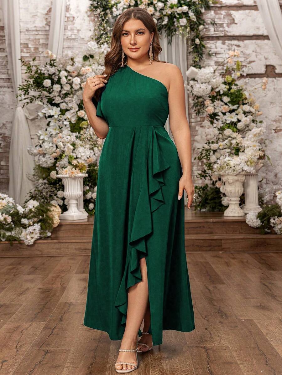 Rometta Plus Size Women Woven Regular Elegant Asymmetrical Neck Short Sleeve Ruffle Hem Navy Blue Dress, Summer Outfits For Women, Suitable For St. Patrick's Day, Spring Break Festival, Boho