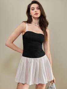 Muvela Women Simple Fashion Contrast Color Pleated Hem Camisole Mini Dress Graduation Dresses For Women Summer Outfits For Women Flowy Dress