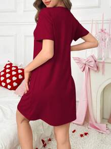 Women's Round Neck Cartoon Heart Balloon Print Short Sleeve T-Shirt Nightgown, Moo Moo Night Dress - Burgundy - View 2