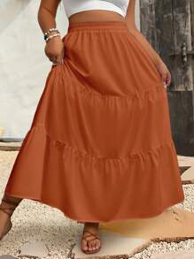 Breezaya Plus Size Casual Solid Color Skirt Maxi Skirt - Brown - View 5