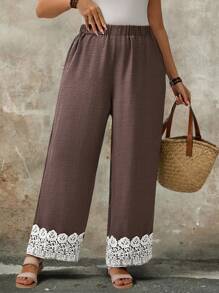 EMERY ROSE Pantalones sueltos y elegantes de talla grande con parches de unicolor y ribete de encaje, para uso casual y de negocios en primavera/verano, para mujeres - Multicolor - Ver 1