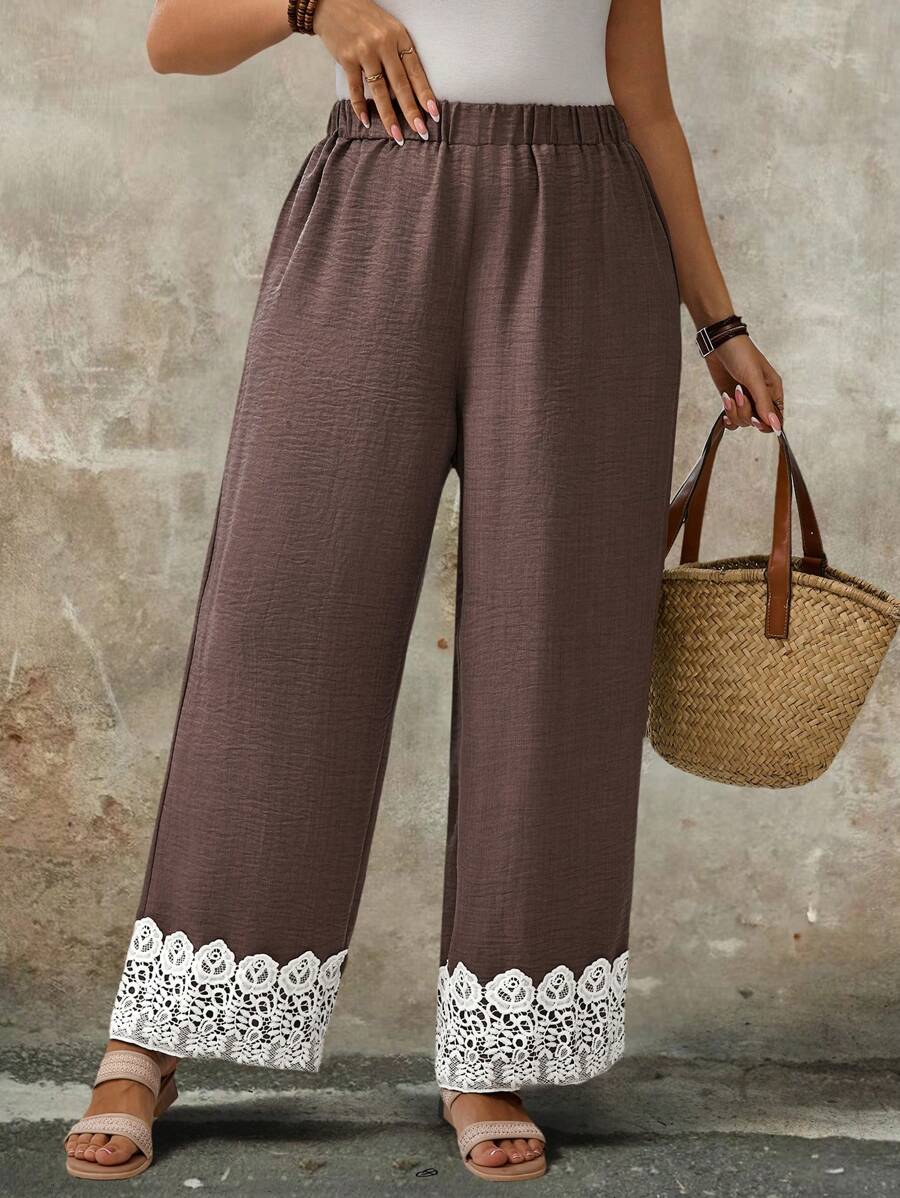 EMERY ROSE Pantalones sueltos y elegantes de talla grande con parches de unicolor y ribete de encaje, para uso casual y de negocios en primavera/verano, para mujeres - Multicolor - Ver 1