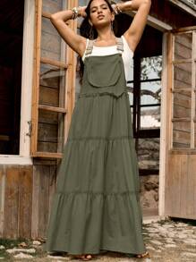 LanaWest 全棉女式花卉蕾丝拼接可调节肩带吊带裙 - 軍綠色 - 查看 4