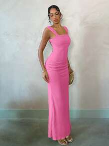 SHEIN BAE Váy dài hở lưng gợi cảm màu vàng nhạt Macaron cho kỳ nghỉ bãi biển mùa hè, thích hợp cho hẹn hò hàng ngày, đi chơi đêm, hộp đêm, tiệc tùng, tụ tập, tiệc cocktail, tiệc hồ bơi, váy ngày lễ - Hồng - Xem 4