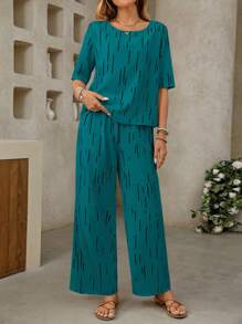 SHEIN Clasi 女式 V 领宽松全身印花两件套 - 水鴨藍 - 查看 3