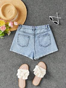 SHEIN Teen Girls Distressed Frayed Hem Denim Shorts - Light Wash - View 2