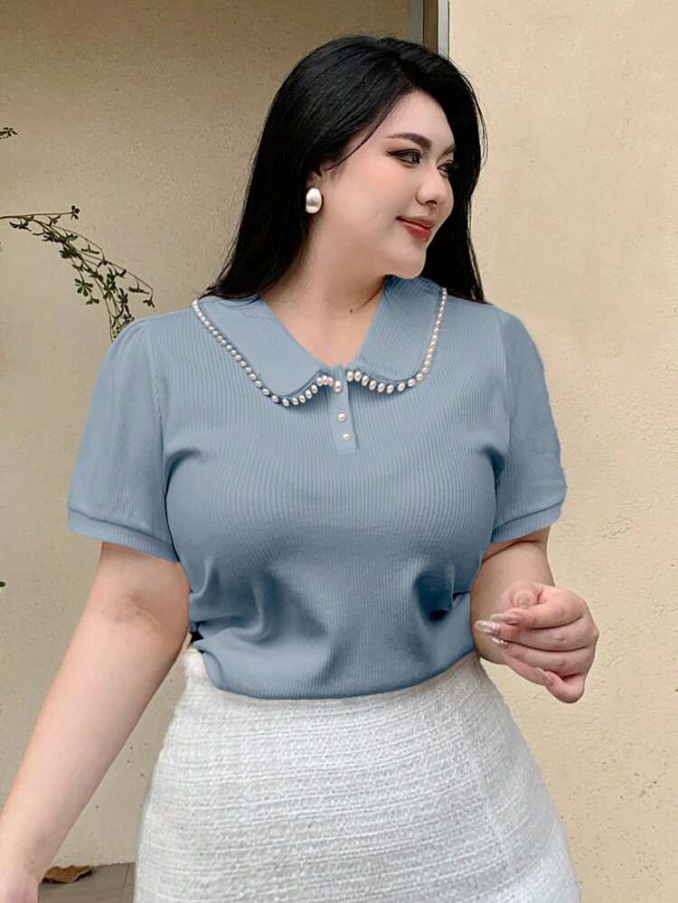 Dazy Plus Peter Pan Collar Pearl Decor Fitted Short Sleeve Buttoned V-Neck T-Shirt, Spring & Summer