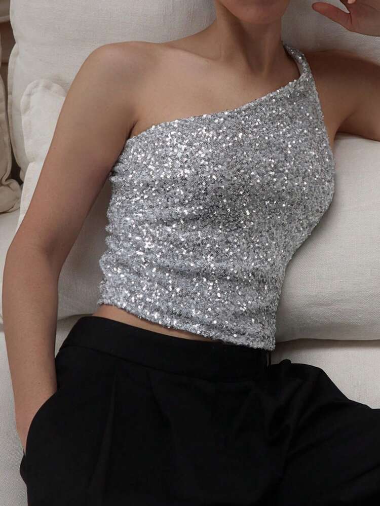 Women's Asymmetrical Neck Sequin Top, Suitable For Parties And Gatherings Going Out Tops New Years Glitter Top Carnival