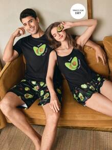 CoupledUp Conjunto de pijama informal de hombre de manga corta y pantalón corto con estampado de aguacate