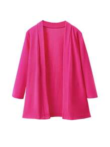 2 Pcs/Set Setelan Anak Perempuan Kreatif Lucu Kasual Warna Polos Cardigan Mantel Panjang + Celana Jumpsuit - Hot Pink - View 4