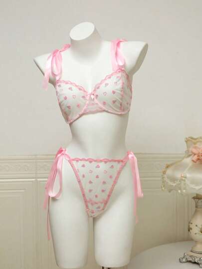 加大码草莓图案细肩带甜美乡村风格可爱内衣套装