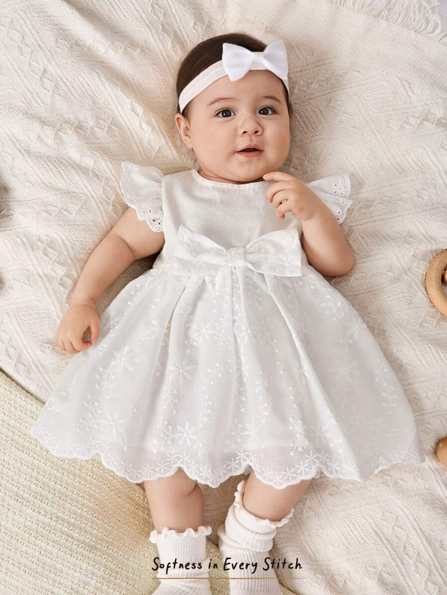 Cozy Pixies 新生女婴纯色圆领无袖高腰花卉装饰连衣裙 - 白色 - 查看 1