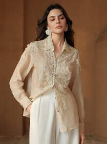 Anewsta Camicetta in pizzo testurizzato con maniche lunghe e design morbido, adatta per l'estate, look versatile