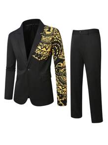 Manfinity AFTRDRK Men's Digital Print Casual Business Suit Set - Solid Color Jacket And Trousers - Black - View 1