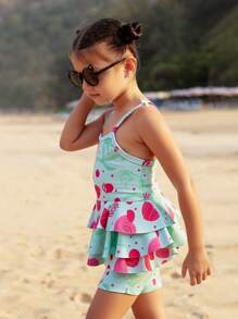 SHEIN Young Girl's Starfish Print Ruffled Hem Tankini Swimwear Set Girls Clothes For Beach - Multicolor - View 4