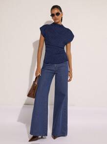 COSMINA Women's Summer Fashion Striped Ruched Waist Blouse - Navy Blue - View 7