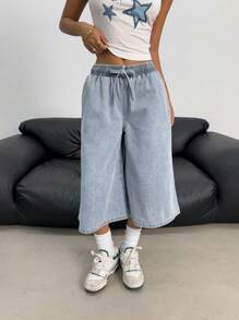 SHEIN 少女Y2K时尚浅色水洗宽松弹力抽绳腰牛仔阔腿裤，夏季海滩波西米亚风度假短裤，夏季音乐会节日休闲派对，女孩夏季早午餐教堂毕业典礼 - 淺色水洗藍 - 查看 5