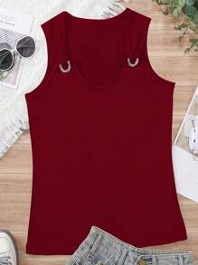 INAWLY Áo ba lỗ không tay dây rộng trang trí vòng tròn giản dị cho nữ - Màu Đỏ Sâu - Xem 3