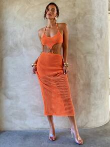 Aloruh Women's Fashionable Sexy Backless Halter Knitted Mini Dress - Burnt Orange - View 7