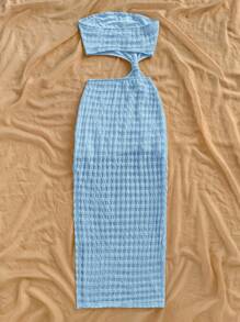 Soleia 镂空纹理面料紧身中长连衣裙，性感度假、音乐节、波西米亚风、节日派对、下午茶的理想之选 - 藍色 - 查看 2