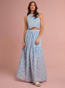 Enchnt Completo di due pezzi da donna romantico per primavera/estate, composto da un corpetto e una gonna lunga ricamati con motivi floreali in colore blu pastello, dolce ed elegante, adatto per vacanze, appuntamenti, giorni festivi, feste, lauree, matrimoni, spiaggia, outfit estivi da donna